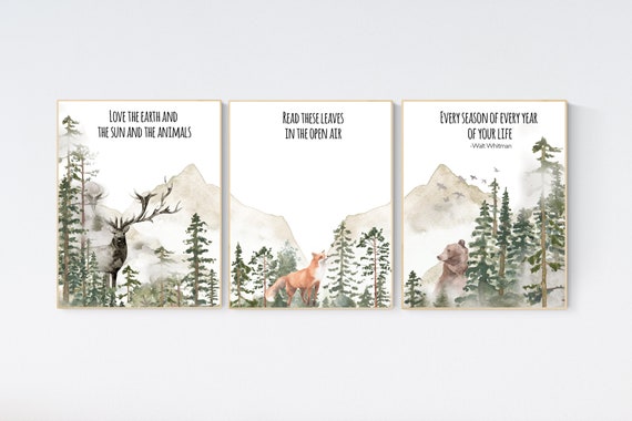 Nursery decor woodland, mountain wall art, tree nursery decor, adventure theme nursery, forest, sage green, walt whitman poem, poem prints