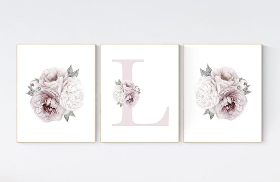 Nursery decor girl flower, floral nursery, peony nursery, Dusty Rose, peony flower, girl nursery wall decor, set of 3 prints, name print