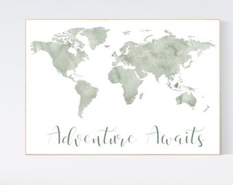 World map nursery, sage green world map, adventure awaits, world map wall art nursery, nursery wall art world map