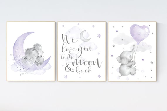 Nursery wall art elephant, Nursery prints girl, purple nursery, lavender, lilac nursery, moon and stars, girl baby room art, nursery set