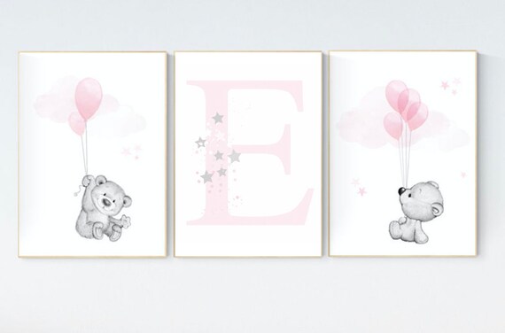 Nursery decor girl, nursery decor bear, bear nursery print, teddy bear, pink grey nursery, nursery wall art animals, girl room decor