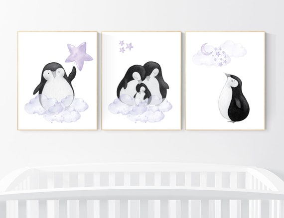 Penguin nursery, cloud and stars, purple nursery art. baby room wall art, nursery wall art penguin, lilac, lavender, nursery wall art