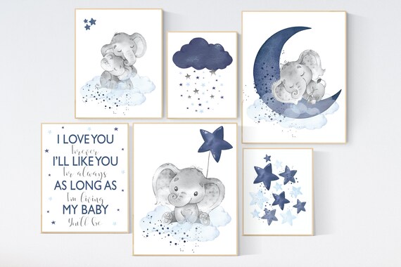 Nursery decor boy elephant, nursery wall art boy, navy Blue, moon and stars, navy nursery, boy nursery decor, elephant nursery art, star