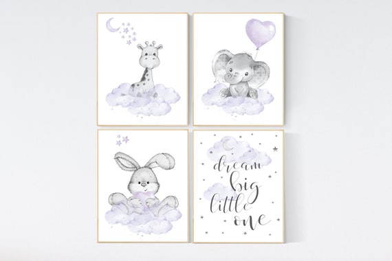 Nursery decor girl woodland, purple nursery, lilac, elephant, bear, giraffe, bunny, animal nursery, lilac nursery, animal nursery prints