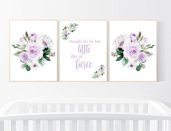 Purple pink flower nursery decor, Nursery decor girl pink purple, though she be but little she is fierce, lavender nursery, lilac nursery