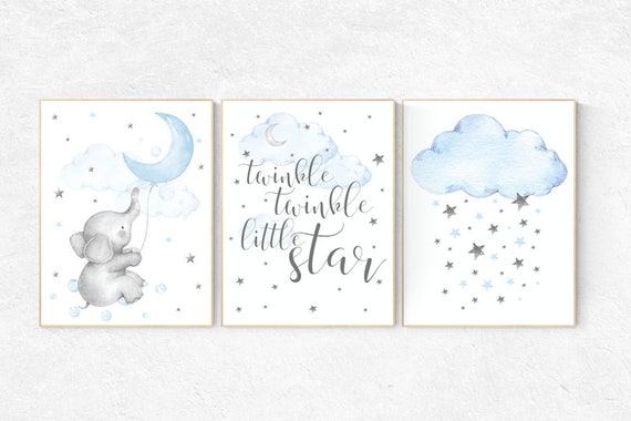 Nursery decor boy, elephant nursery decor boy, cloud, stars, moon, nursery wall art boy, twinkle twinkle little star, elephant nursery print