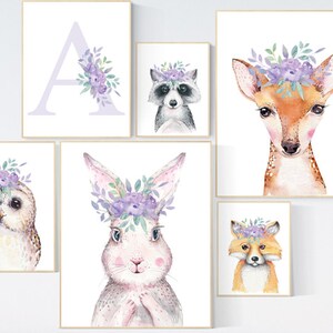 Woodland animals nursery, lilac nursery, woodland nursery decor girl, animal prints for nursery girl, bunny print for girls nursery woodland