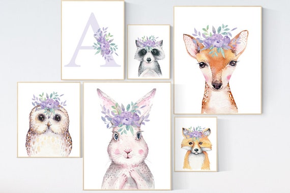 Woodland animals nursery, lilac nursery, woodland nursery decor girl, animal prints for nursery girl, bunny print for girls nursery woodland