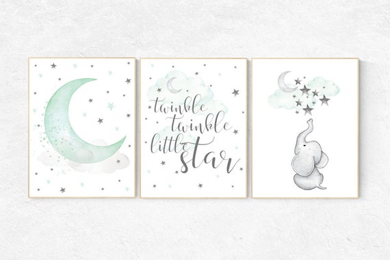 Nursery decor elephant, twinkle twinkle little star, Mint nursery decor, nursery decor neutral, nursery decor boy teal, cloud and star