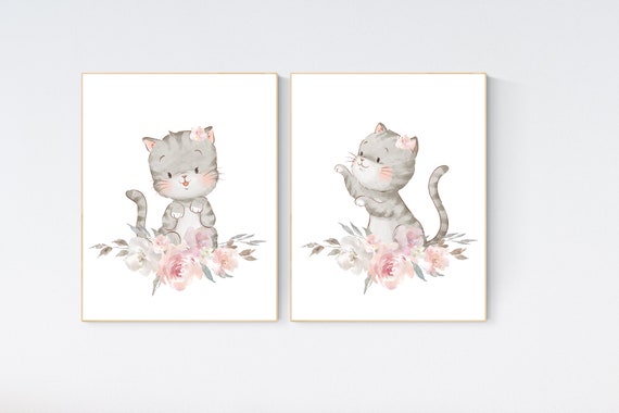 Cat nursery print, kitten nursery print, floral nursery, nursery decor girl, nursery art girl, cat print, kittens, pink and grey, pink gray,