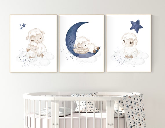 Sheep nursery decor, Nursery decor boy, nursery decor lambs, nursery wall art sheep, moon and cloud wall art nursery, navy nursery wall art