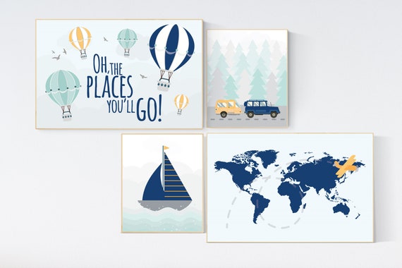 Adventure nursery decor, Nursery decor boy mountains adventure, nursery decor boy airplane, world map nursery, adventure awaits, navy yellow