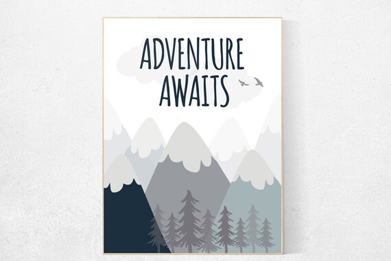 Nursery decor boy mountains adventure, nursery wall art woodland, adventure awaits nursery, nursery decor neutral, baby room decor mountains