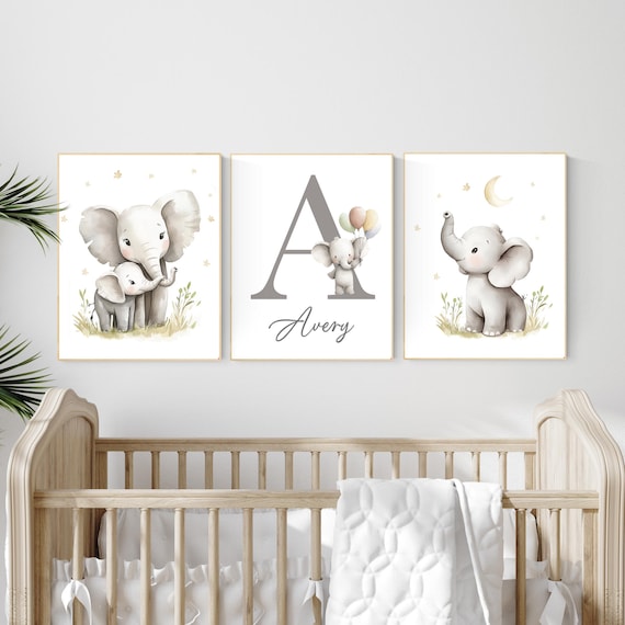 Elephant Nursery Art Prints: Gray Safari Animals, Personalized Name Sign