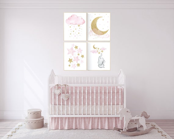 Pink and gold nursery, Nursery decor girl elephant, cloud, moon and stars, pink nursery art, girl nursery ideas, pink gold nursery wall art