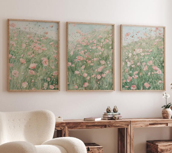 Pink Floral Wall Art Set of 3, Meadow Flower Prints