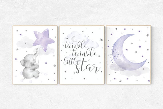 Nursery decor elephant, Nursery decor girl purple, nursery wall art, lavender and gray, lilac nursery, twinkle twinkle little star, purple