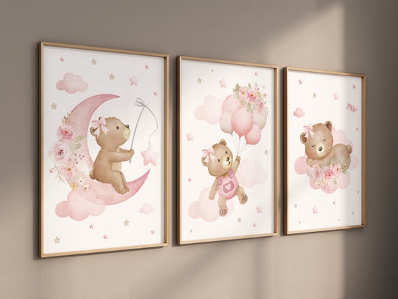 Bear nursery print, Nursery decor girl wall art, pink nursery art, bear nursery wall art, teddy bear, nursery wall art, bear print nursery