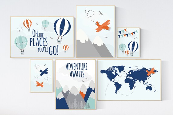 Adventure nursery decor, Nursery decor boy mountains adventure, nursery decor boy airplane, world map nursery, adventure awaits, navy yellow