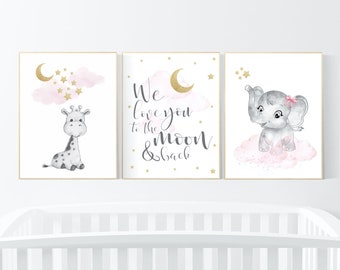 Giraffe & Elephant Nursery Prints: Pink and Gold Baby Girl Decor