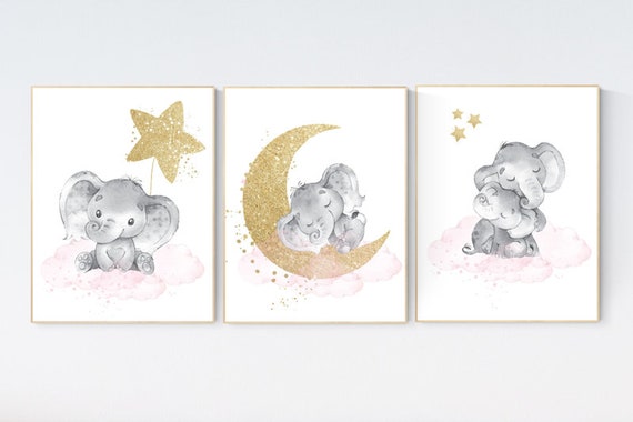 Nursery decor girl, pink and gold nursery decor, elephant nursery art, girl nursery wall decor, star nursery print, nursery decor elephant