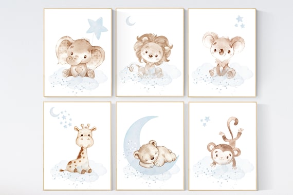 Nursery decor gender neutral, Nursery wall art animals, light blue, neutral, lion, bear, monkey, koala, elephant, giraffe, animal prints