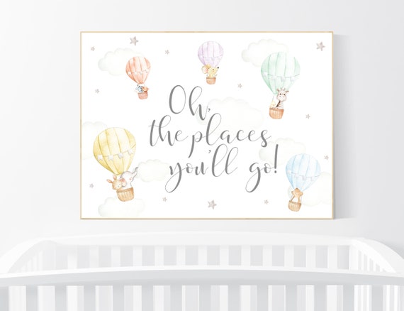 Hot air balloon nursery, Nursery decor neutral, gender neutral, animal nursery, woodland animals, gray, grey, oh the places you'll go