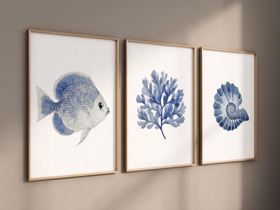 Blue Ocean Wall Art Set – Coastal Fish Coral Shell Prints – Nautical Bathroom Decor – Sea Life Watercolor Poster Trio – Beach House Art