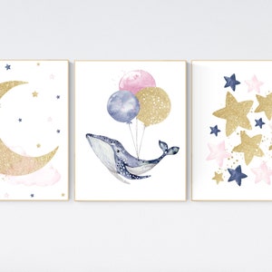Whale nursery decor, gender neutral nursery, gold navy pink nursery, moon and stars, nursery decor nautical, sea theme nursery decor