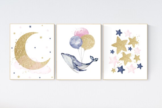 Whale nursery decor, gender neutral nursery, gold navy pink nursery, moon and stars, nursery decor nautical, sea theme nursery decor