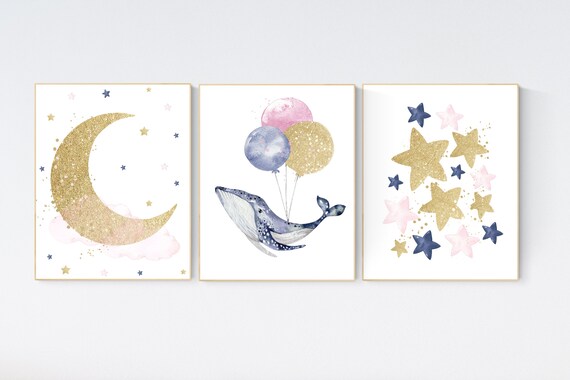 Whale nursery decor, gender neutral nursery, gold navy pink nursery, moon and stars, nursery decor nautical, sea theme nursery decor