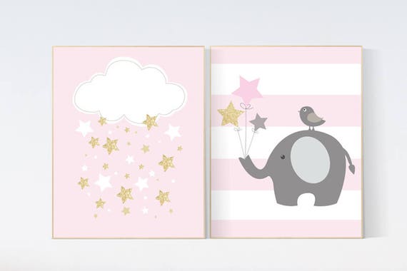 Pink gold nursery decor, Elephant nursery, cloud nursery, baby girl nursery wall art, baby room decor, nursery decor girls, baby room prints