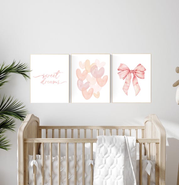 Sweet Dreams Nursery Wall Art Set, Blush Pink Heart and Bow Prints, Girl Bedroom Decor, Soft Pastel Baby Room Art, Dreamy Quote Poster