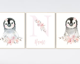 Penguin Nursery Art: Blush Pink Floral Baby Girl Room Decor