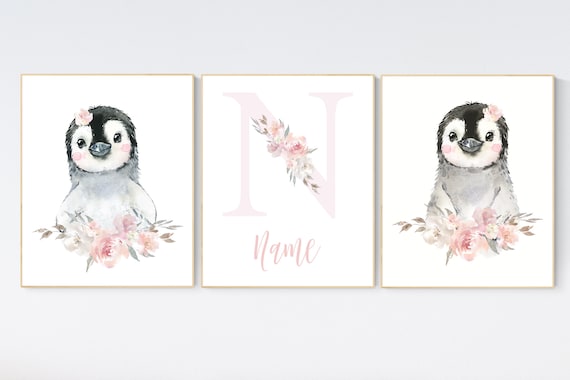 Penguin nursery, blush pink nursery wall art, girl nursery, baby room wall art, nursery wall art penguin, nursery decor girl, penguins