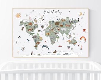 Impresión de mapa del mundo animal: decoración infantil en verde salvia