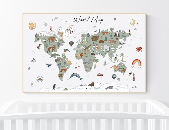 Animal World Map Print, Woodland Animal Nursery Decor, World Map Wall Art, Forest Nursery Decor, Sage Green Nursery, World Map With Animals