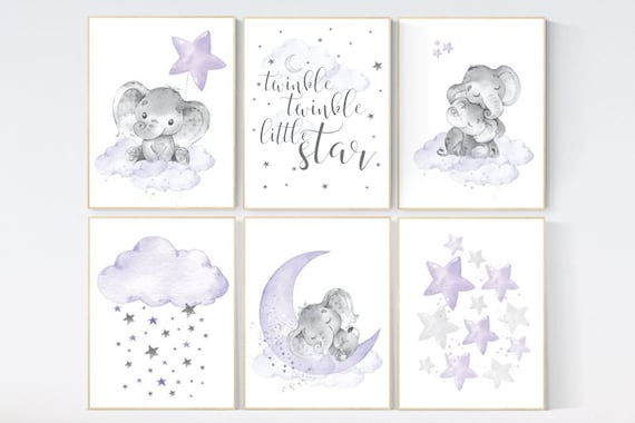 Nursery decor girl lilac, purple nursery wall art, elephant nursery decor, nursery prints animals, nursery prints, moon and stars, lavender