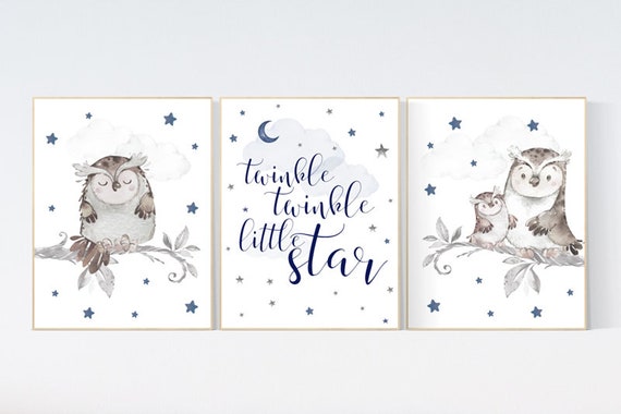 Nursery decor boy owls, navy nursery, nursery wall art boy, owl print nursery, owl print baby, twinkle twinkle little star, navy blue