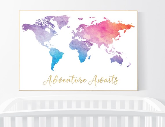 Adventure awaits, World Map poster, world map wall art, nursery wall art, pink purple, mint, gold, nursery decor gender neutral