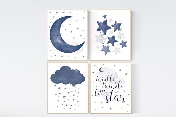 Nursery decor boy, navy nursery wall art boy, moon and stars, navy blue, navy nursery set, twinkle twinkle little star, boys room wall art