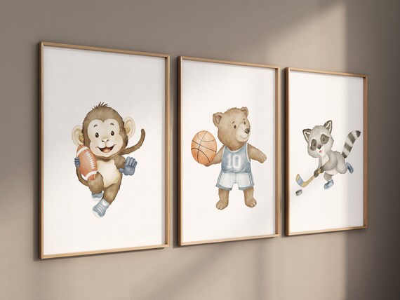 Sports nursery decor, Baby Animals Sport, Baby boy sports nursery, Safari nursery, basketball, football, hockey nursery, animal sports