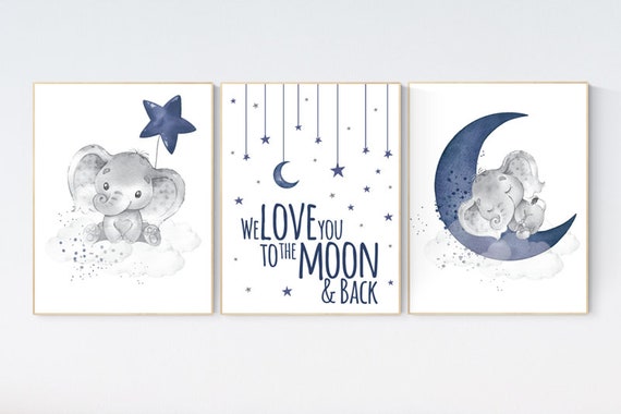 Nursery decor boy elephant, navy nursery decor, we love you to the moon and back, moon and stars, navy blue nursery art, elephant nursery