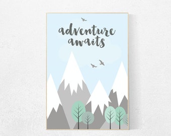 Adventure awaits, adventure nursery decor, mountain nursery decor, travel quote print, nursery wall art, new baby gift, kids room decor