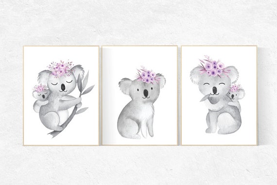 Koala nursery decor, koala nursery print, nursery decor girl floral, purple nursery decor, lilac, koala nursery art, nursery wall art