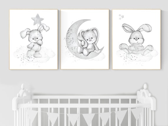 Nursery wall art grey, gray nursery, bunny, nursery decor neutral, baby room decor gender neutral, moon and stars, grey nursery decor