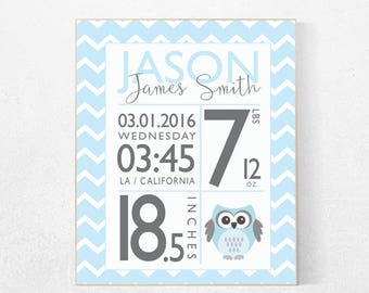 Birth announcement wall art, personalized birth stats print, blue nursery decor, baby stats, baby keepsake, baby name sign, baby room decor