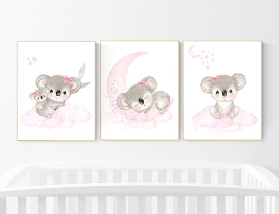 Koala nursery decor, pink nursery, Nursery decor girl, koala print, pink nursery art, animal prints, pink nursery, baby girl room decor,