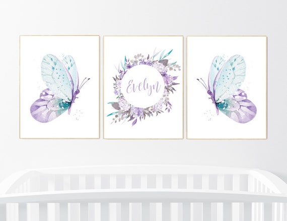 Nursery decor girl butterfly, purple turquoise, Nursery decor girl butterflies, purple mint, Butterfly Nursery Art, girl nursery name