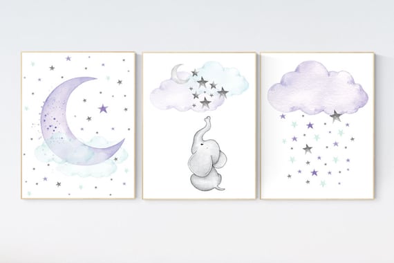 Nursery decor elephant, Nursery decor girl purple, moon and stars, purple mint, lavender, girl nursery decor giraffe, cloud and stars